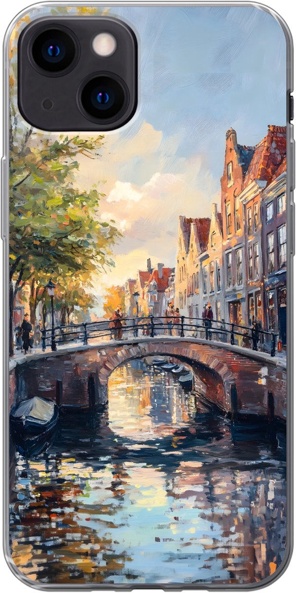 Telefoonhoesje Geschikt voor iPhone 13 hoesje - Brug - Stad - Huizen - Boot - Siliconen Telefoonhoesje Telefoonhoesje
