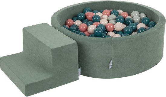 Aire de jeux KiddyMoon en mousse velours avec piscine à balles rondes en velours (100 balles) + petites piscines à balles pour bébés, parcours d'obstacles, fabriqué dans l'UE, vert forêt : turquoise foncé/couleur pastel