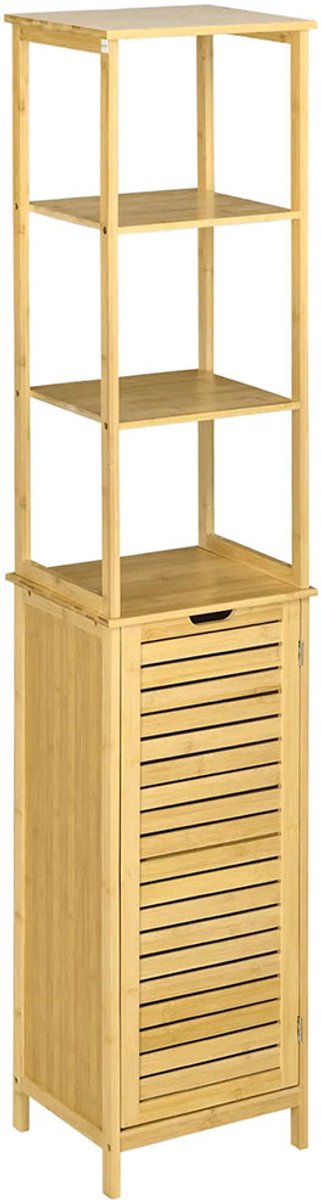 Gutent Badkamerkast - Hoge kast - Drie legplanken - Eén vak met louvredeur - Kantelbeveiliging - Bamboe - 34 x 30 x 173 cm - Houtkleur