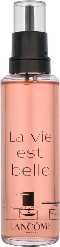 Navulfles La Vie est Belle Eau de Parfum, met roze vloeistof en zwart dopdetail.