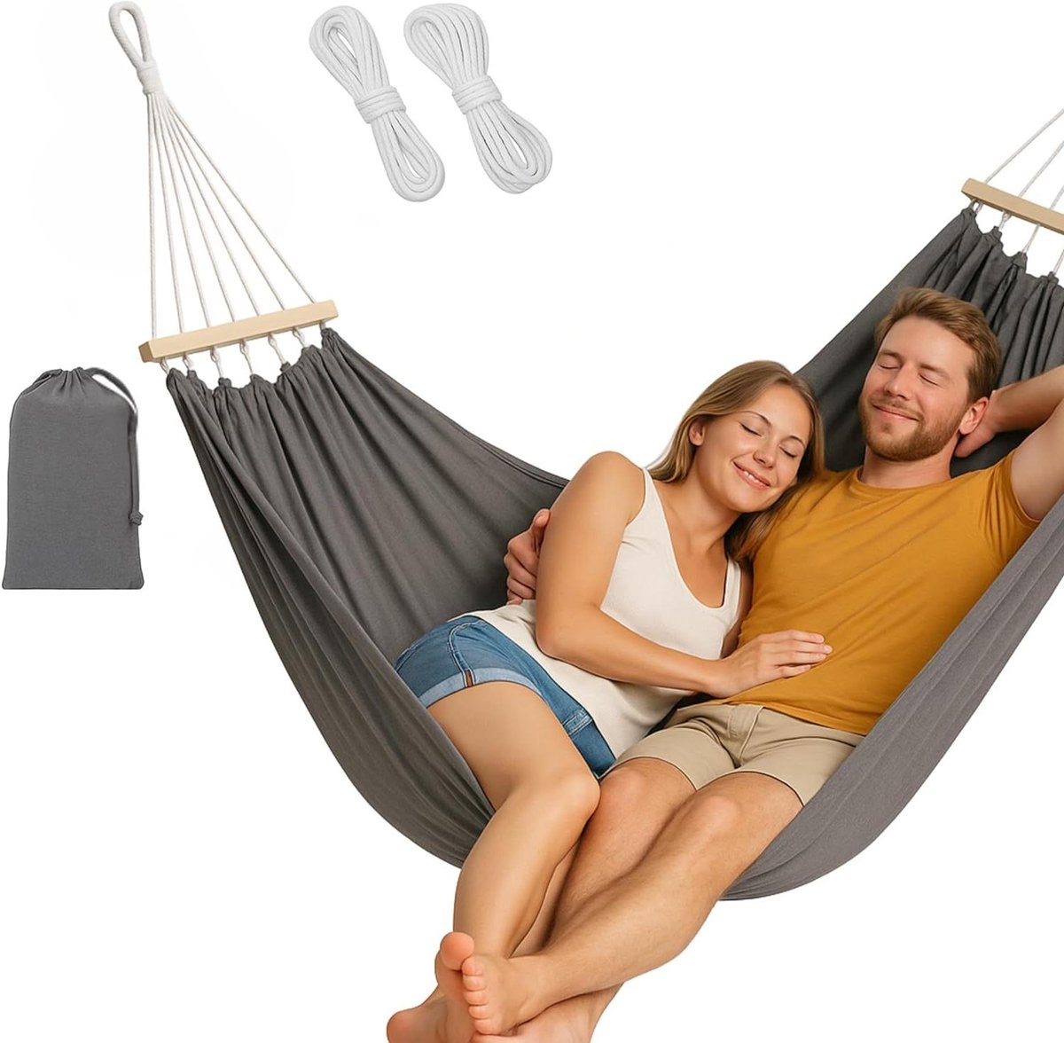 Extra grote katoenen hangmat met touwen voor tuin, terras, camping - Grijs XXL (Belastbaar tot 200 kg, Afmetingen 150 x 280 cm)