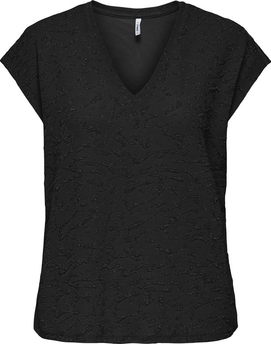 Zwarte V-hals t-shirt met een textuur van golvende lijnen.