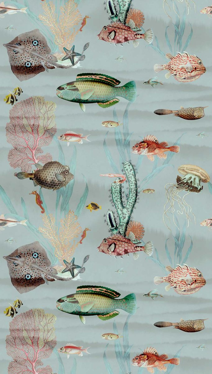 Vintage-behang onderwaterwereld, bijzondere behang met vissen, koralenbehang in lichtblauw 398721, blauwe vliesbehang vissen 39872-1, BRICOFLOR.nl