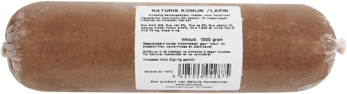 Diepgevroren Hondenvoer Naturis - Konijn 1000 Gr - Eliminatiedieet, Graanvrij, Met Zeewier