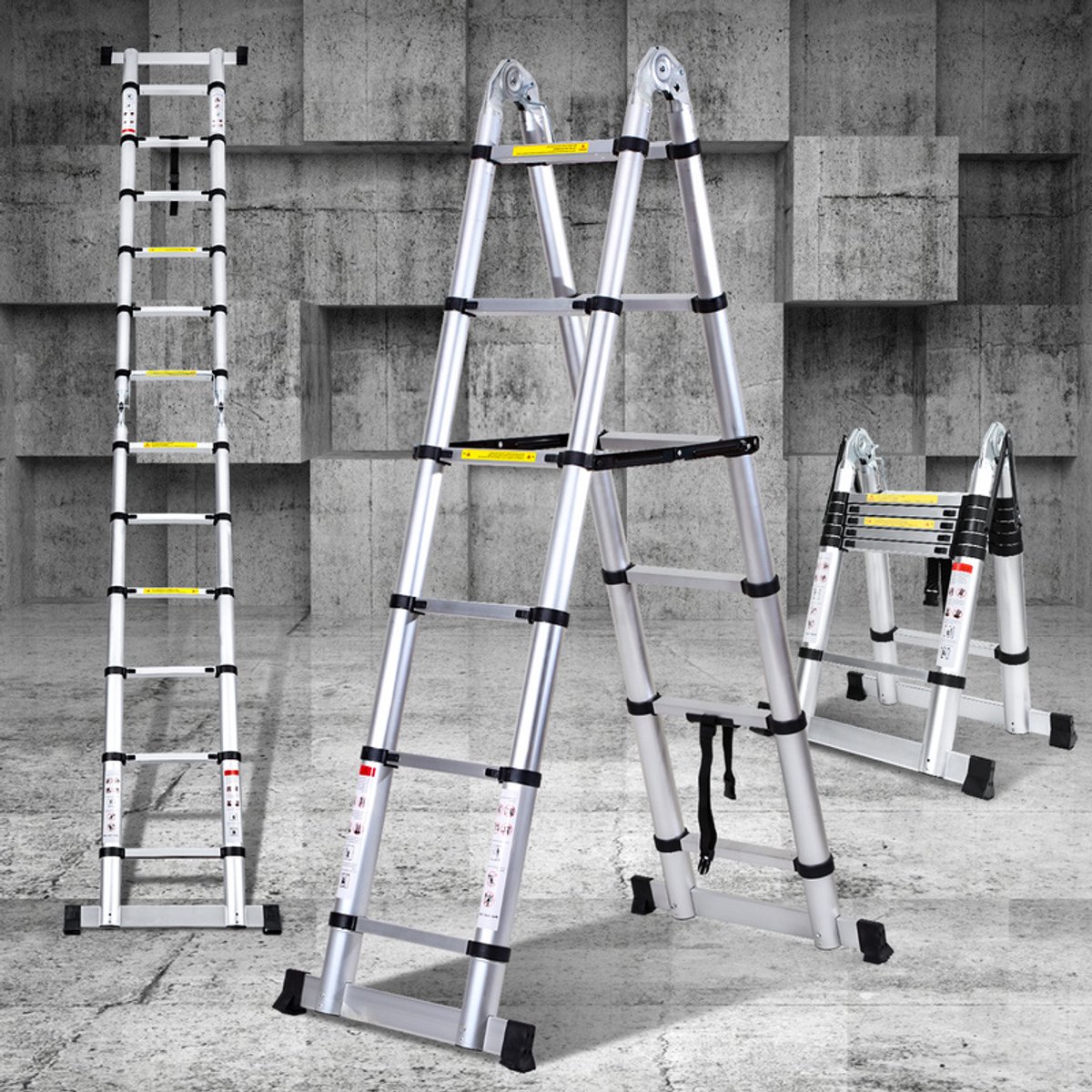 Telescopische Vouwladder Telescopische Ladders Werkhoogte 1,9m+1,9 m - zilver met stabilisator – foto 2