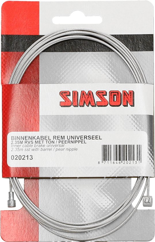Simson binnenkabel rem universeel 2,35mtr rvs met ton/peernippel.