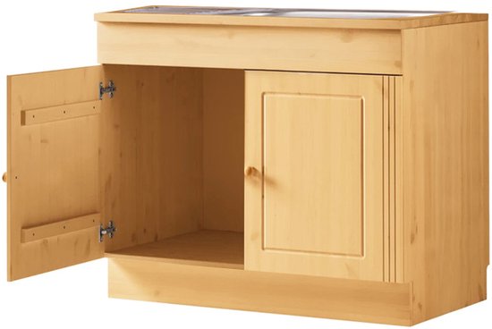 Houten onderkast met een open deur, een gesloten deur en een gootsteenaansluiting.