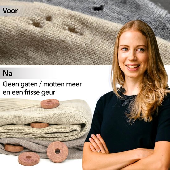 Vrouw naast stapels kleding met gaten door motten, en daarnaast kleding zonder gaten, met cederhouten ringen.