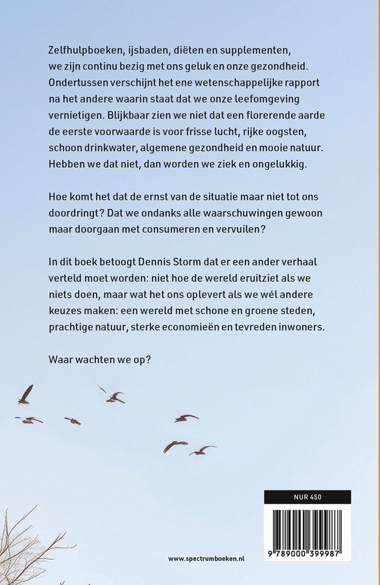 Boek "Waar wachten we op?" van Dennis Storm. Titel en tekst over milieu en klimaatverandering. Vluchten vogels op achtergrond.