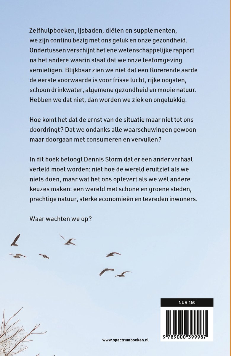 Boek "Waar wachten we op?" van Dennis Storm. Titel en tekst over milieu en klimaatverandering. Vluchten vogels op achtergrond.