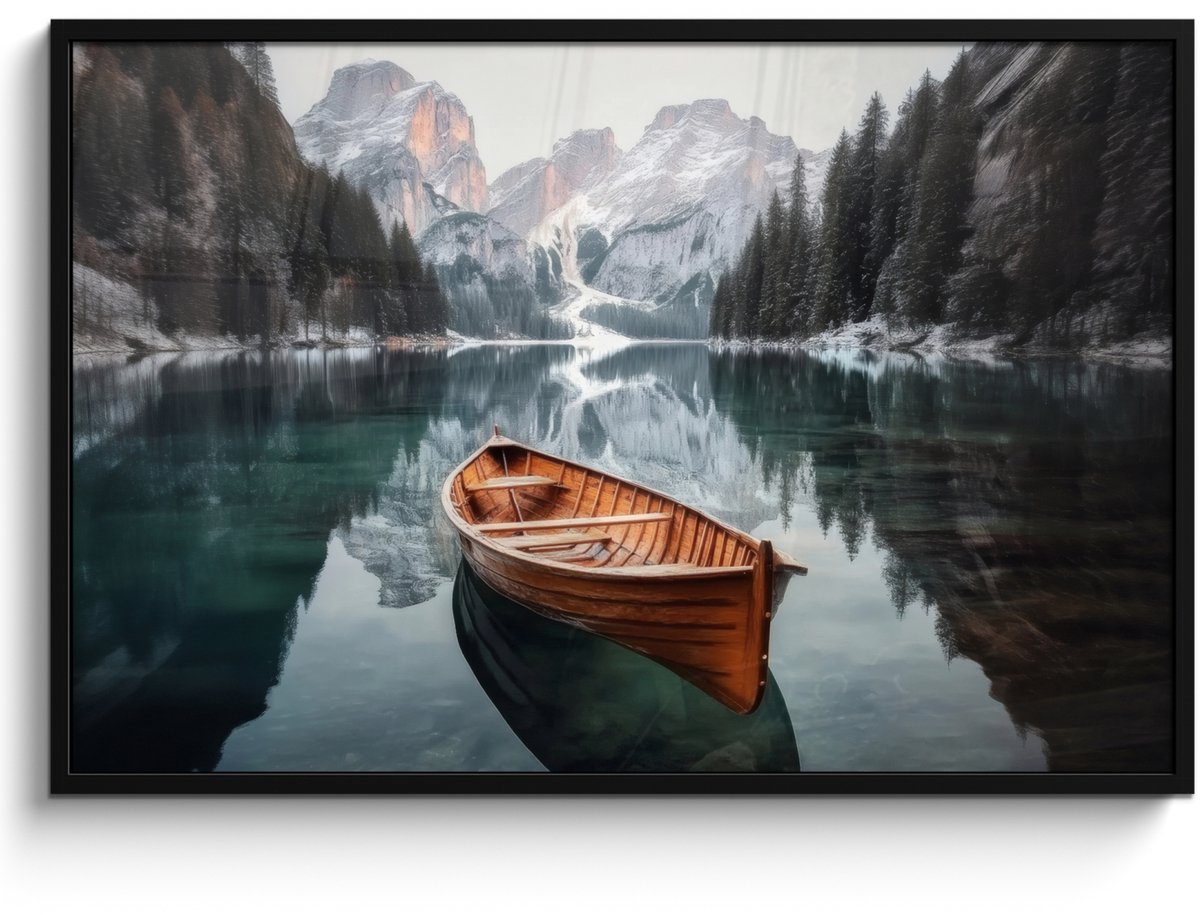 FrameYourWall Poster in lijst - Fotolijst 120x80 cm - Posters - Boot - Bergen - Natuur - Water - Posterlijst zwart - Decoratie - Wanddecoratie woonkamer - Muurdecoratie slaapkamer