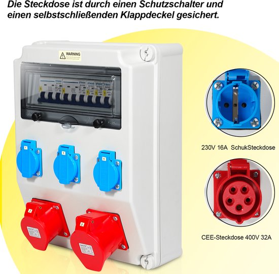 EMAT Kunststof Wandverdeler 3-fase IP44 Met 1x CEE 5P 16A En 2x Schuko 16a 85016025