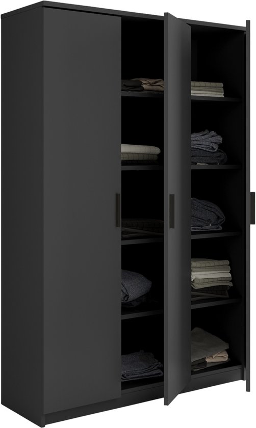 Interiax Opbergkast - Kledingkast 'Amelie' 3 deuren en 8 legplanken | Antraciet | 180x120x40 cm