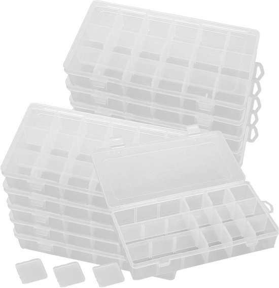 Allecto Plus - 10 stuks plastic opbergdozen met 18 roosters en verstelbare verdelers - Transparante stapelbare organizer voor oorbellen en sieradenzaden
