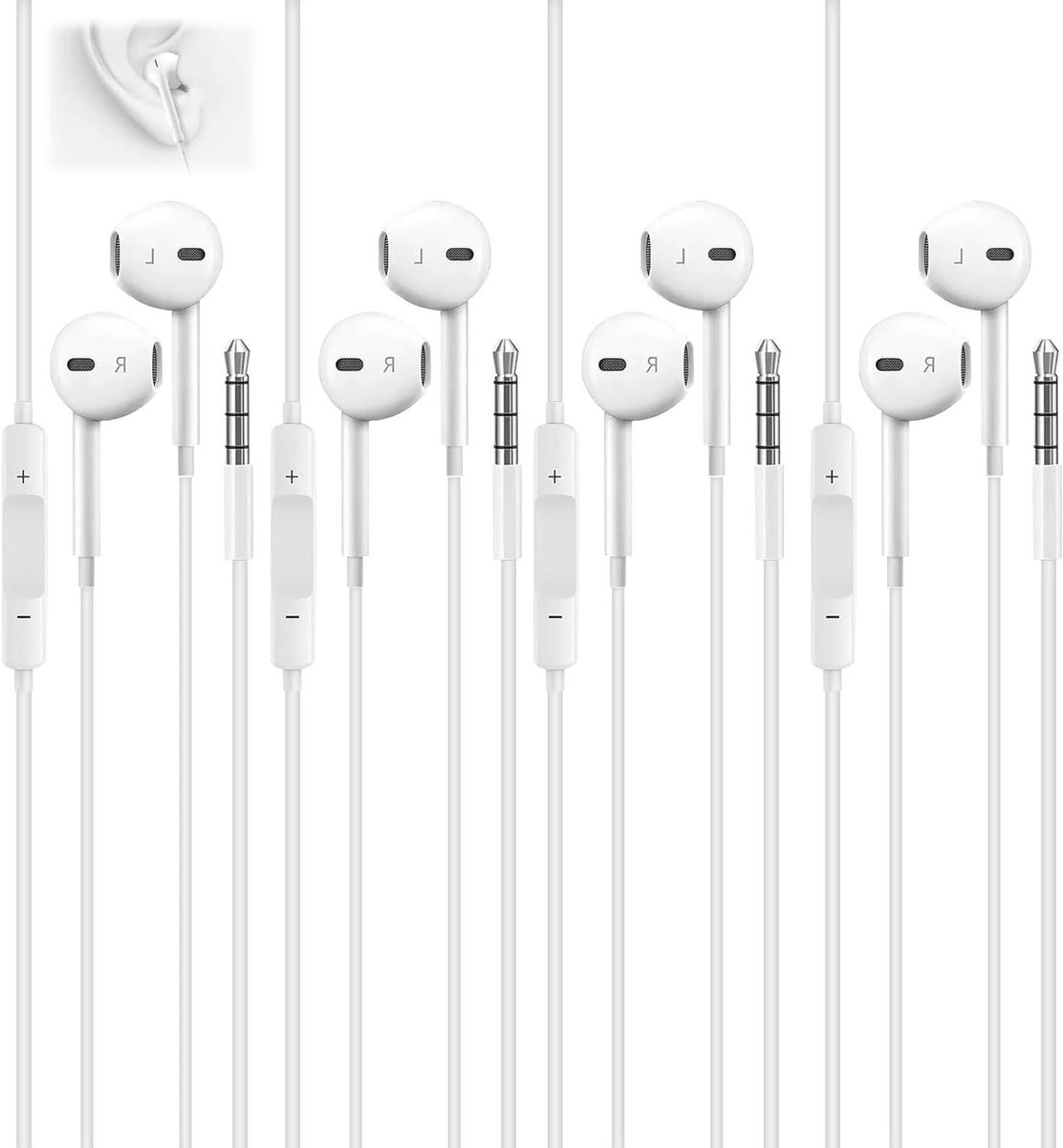 Inovra Plus - 4-paar In-Ear hoofdtelefoons met microfoon en volumeregeling - iOS en Android compatibel - Lichtgewicht oordopjes met Jack Plug - Wit - Geschikt voor iPhone iPod iPad MP3 Samsung