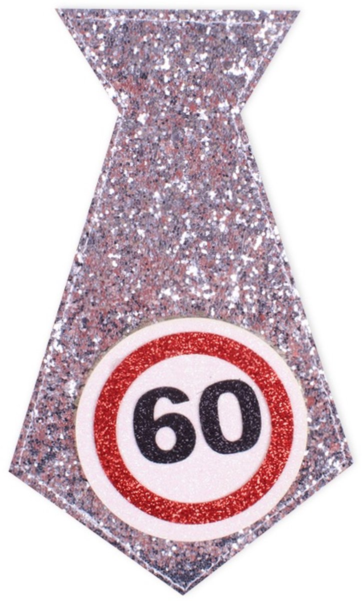 Polyester en PU glitterstropdas | verjaardag | wit | verkeersborden met cijfer 60