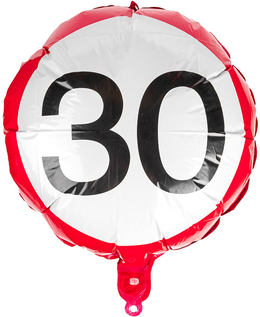 Folie ballon gekleurd | 30 jaar | 35 cm | wit | rode rand | zwarte cijfer 30 | helium geschikt
