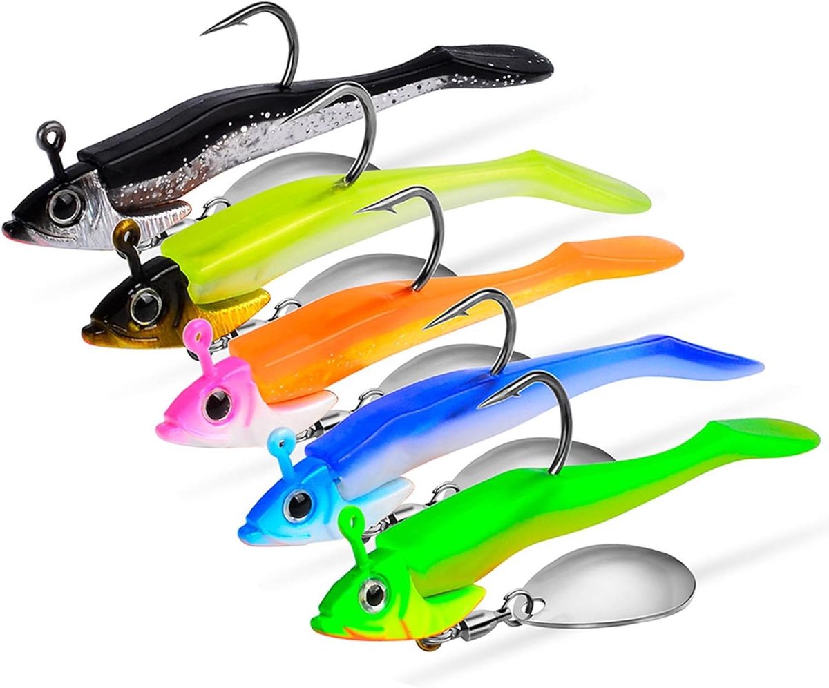 Allecto Plus - 5-delige set Viskophaken en Kleurrijke Jigkoppen voor Vissen - 75 g - Anti Bodem - Spinning Lepel Bait