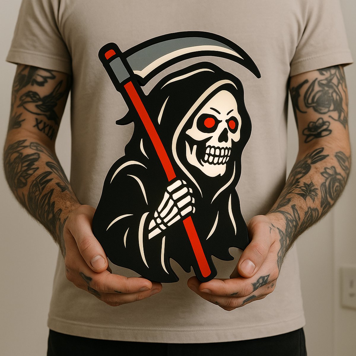 Lightbox Reaper – Tattoo Stijl LED Wandlamp • Studio Decoratie • Origineel Cadeau voor Tat