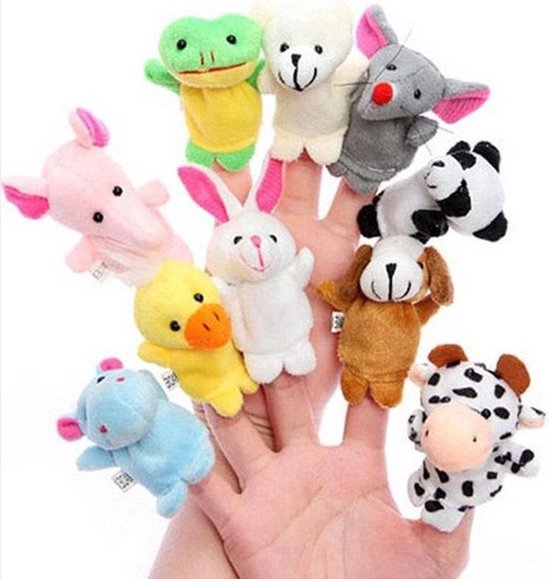 Tien vingerpopjes van dieren: een kikker, beer, muis, panda, varken, konijn, eend, hond, koe en een blauw dier.