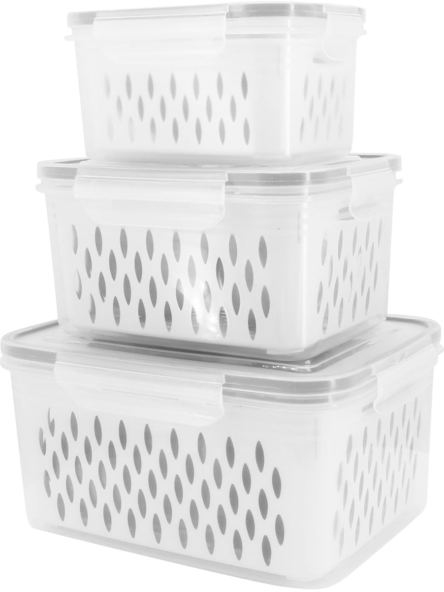 Buwico Voedselcontainers voor Fruit en Groenten, 3-pack Koelkastorganizer, Voedselcontainers met Deksels, Koelkastcontainers met Afvoer, Wit