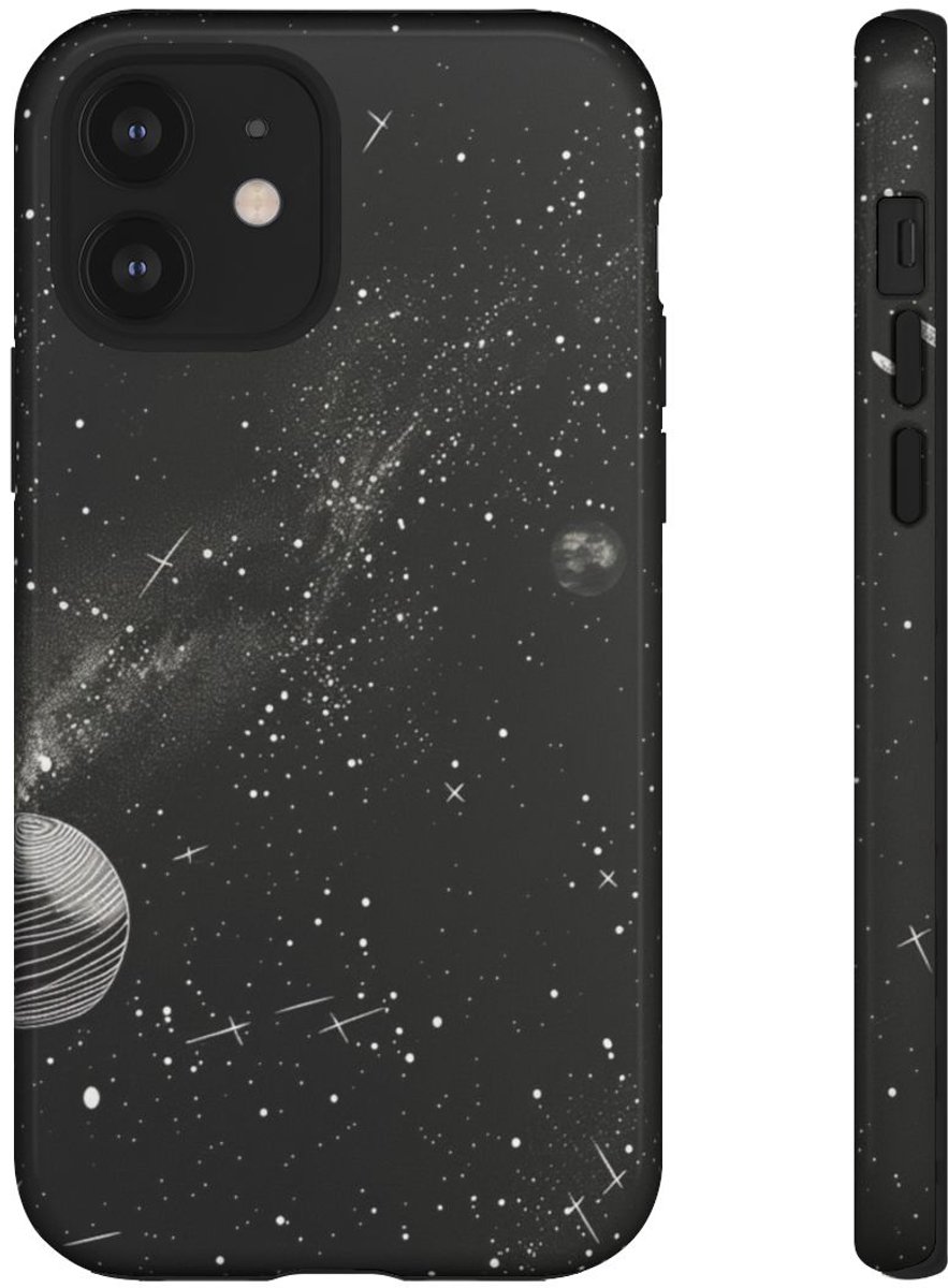 Monochrome Illustratie van het Zonnestelsel – Telefoonhoesje Geschikt voor iPhone 12