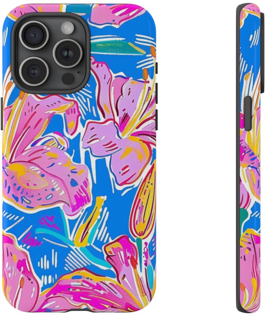 Felroze en Gele Bloemenprint – Telefoonhoesje Geschikt voor iPhone 15 Pro Max