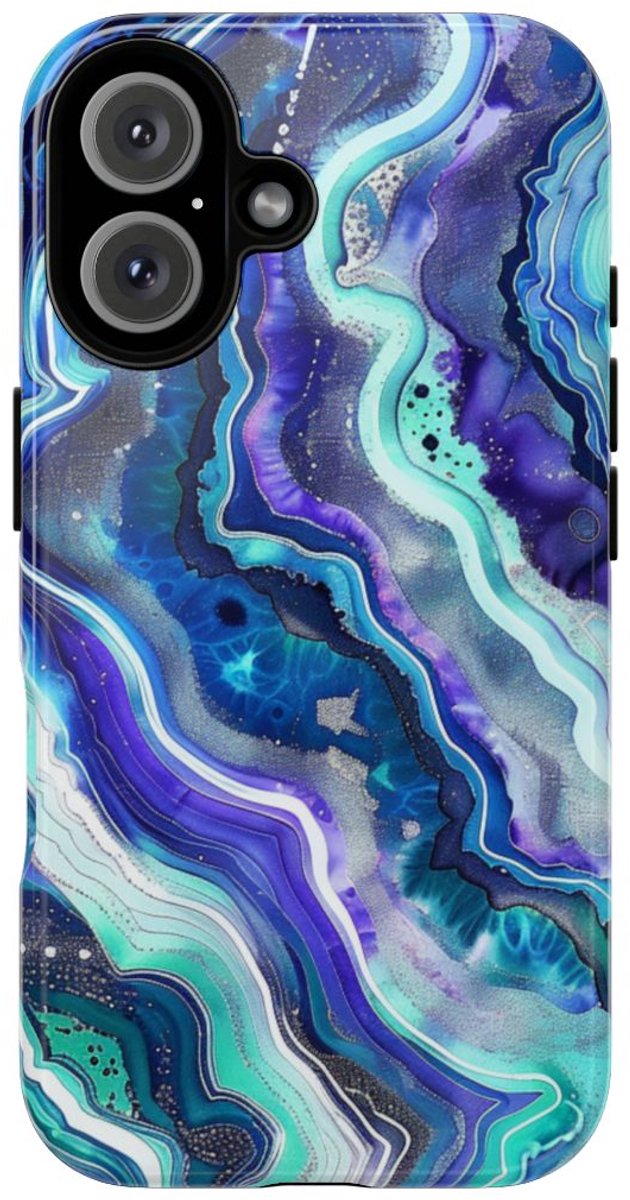 Blauw en Turquoise Geode Wervelpatroon – Telefoonhoesje Geschikt voor iPhone 16