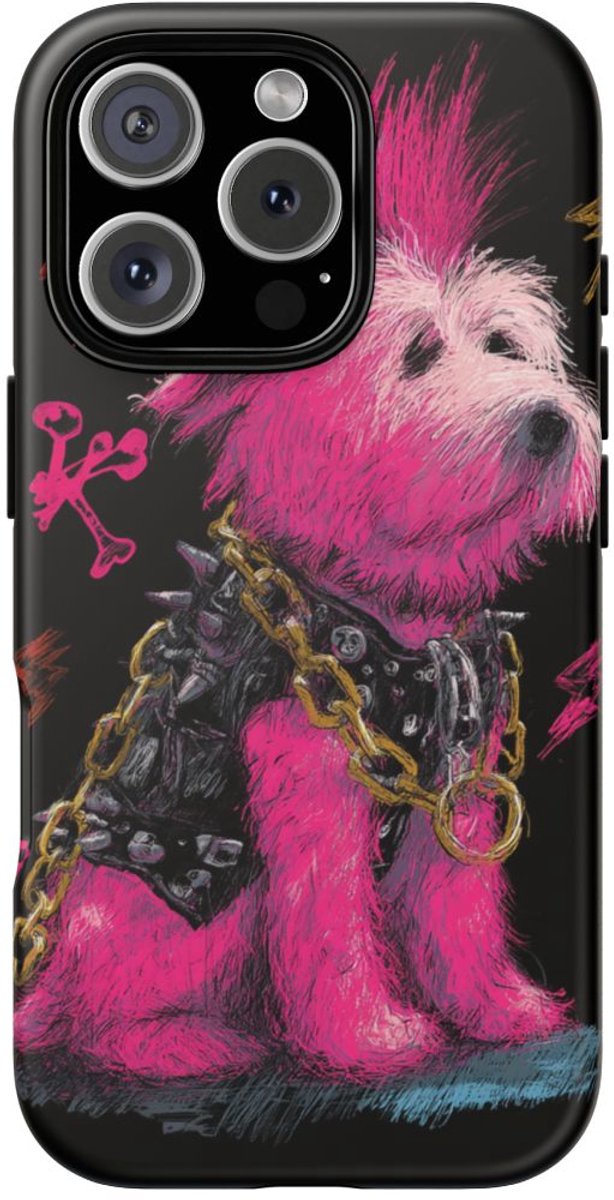 Punkhond met Roze Hanenkam Illustratie – Telefoonhoesje Geschikt voor iPhone 16 Pro