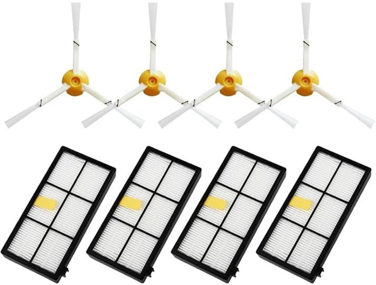 Accessoires voor robotstofzuigers - Geschikt voor accessoires en reserveonderdelen van de iRobot Roomba 900- en 800-serie - Stofzuigeraccessoireset - Rubberen zijborstel - HEPA-filter (4 + 4 stuks)