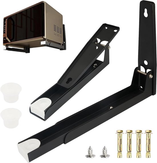 Allecto Plus - Set van 2 Magnetronhouders voor aan de muur - RVS Magnetronhouder - Uitschuifbaar en Opvouwbaar - Draagvermogen tot 40 kg - voor Magnetron Barbecue - Zwart