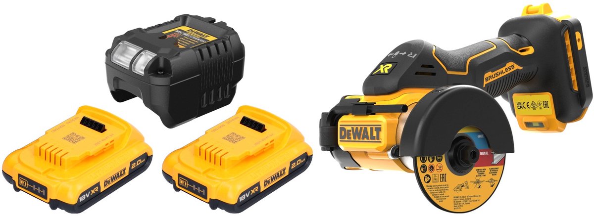DeWalt DCS 438 D2 accu multimaterialensnijder 18 V 76 mm borstelloos + 2x accu 2.0 Ah + lader