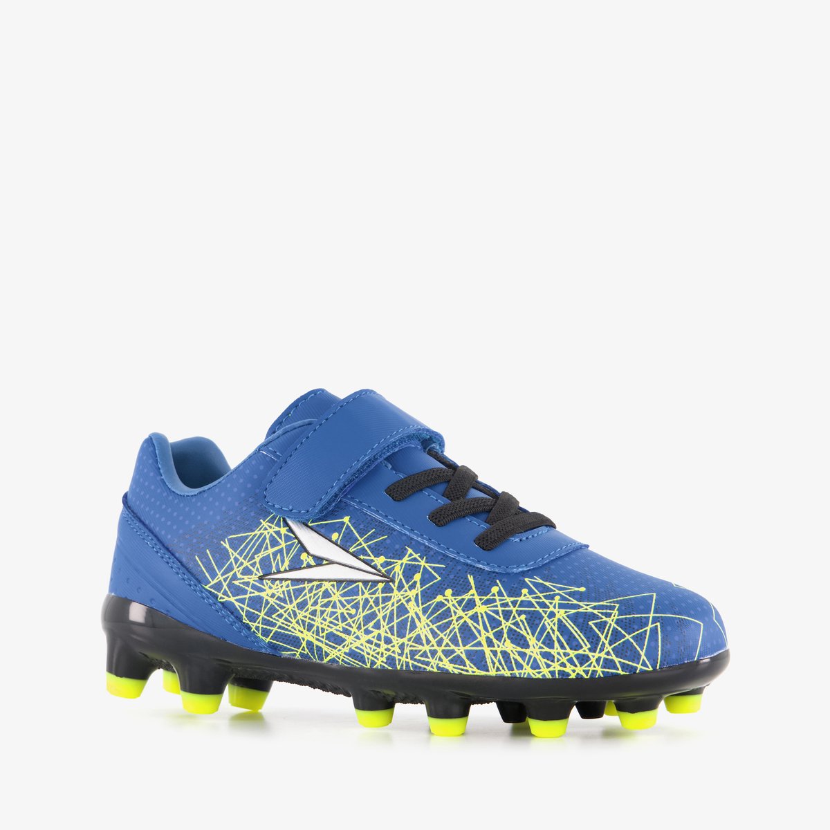 Blauw-gele Dutchy Elevate FG voetbalschoenen voor kinderen, maat 32, met imitatieleer en rubberen gripzool.