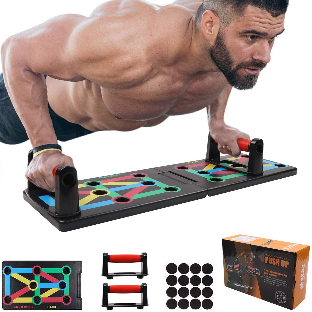 Ibenzoa® Opvouwbare Multifunctionele Push-Up Board met Kleurcode voor Thuis Fitness Training