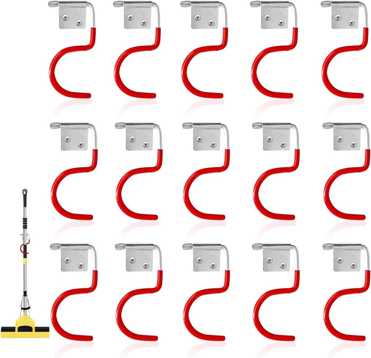 ByShane - Tuingereedschapshouder met metalen haken - 15 stuks - Bezems - Gereedschapshouder - Rood - Ophanging met anti-slip coating - Tuingereedschap garage organizer