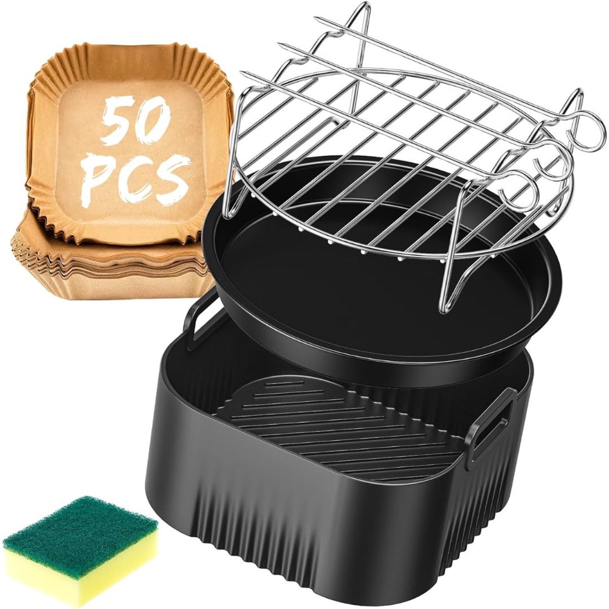 Airfryer Accessoires - Bakpapier - Siliconen Bakje - Mand - Spatels - Oven Rek