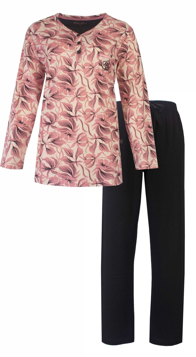 Medaillon Dames Pyjama - Lange Mouw - Bloemenprint - Roze