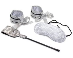 Nooitmeersaai - Bondaget set met handboeien, masker en paddle - Satijn - Wit - One-size