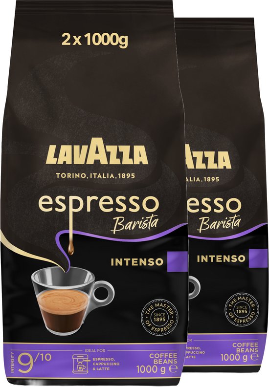 Twee zakken Lavazza Espresso Barista Intenso koffiebonen van 1kg. Intensiteit 9/10.