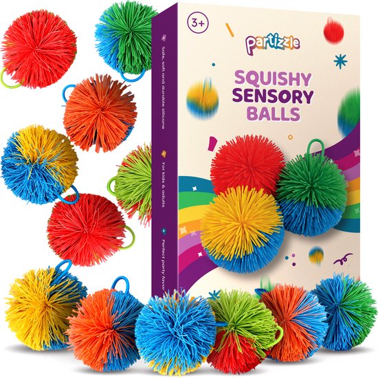 Partizzle 12x Zachte Squishy Stressballen - Sensorisch Speelgoed - Fidget Toys - Stressbal Uitdeelcadeautjes Pakket - Grabbelton Traktatie Cadeautjes - Voor Kinderen, Peuters & Volwassenen - Siliconen