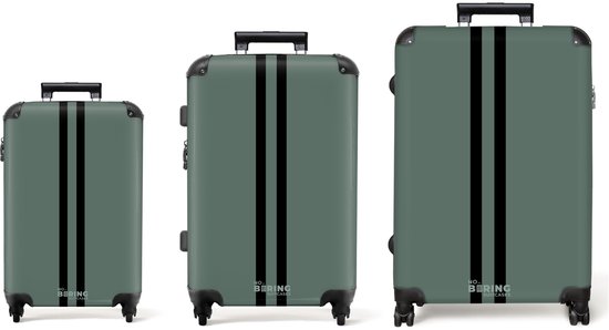 NoBoringSuitcases.com® - Kofferset 3 delig - Koffer lichtgewicht - Groen met dubbele strepen - Reiskoffer set met 4 wielen - Handbagage trolley - Middelgrote rolkoffer - Ruimbagage koffer - Koffers met TSA slot