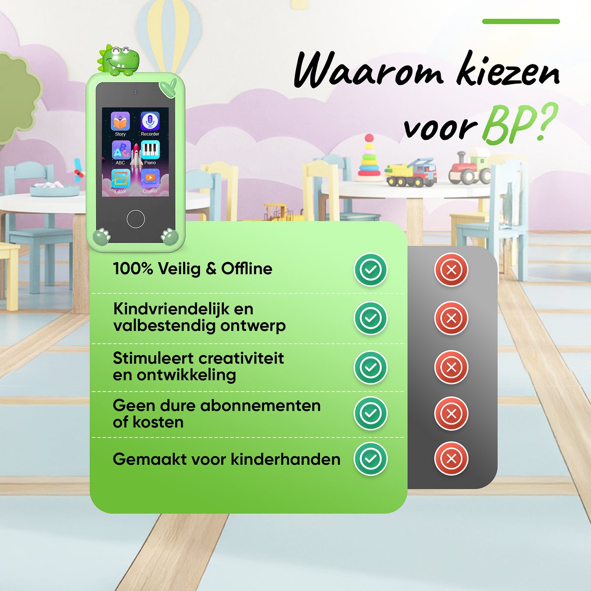 BP® Speelgoed Telefoon Groen - Kindertelefoon - Kindercamera - Educatief Speelgoed 3 Jaar - Kinder Telefoon - Nederlandse Instellingen - 22 Kindvriendelijke Offline Apps - Educatieve Spellen - Inclusief 32 GB SD Card — afbeelding 2