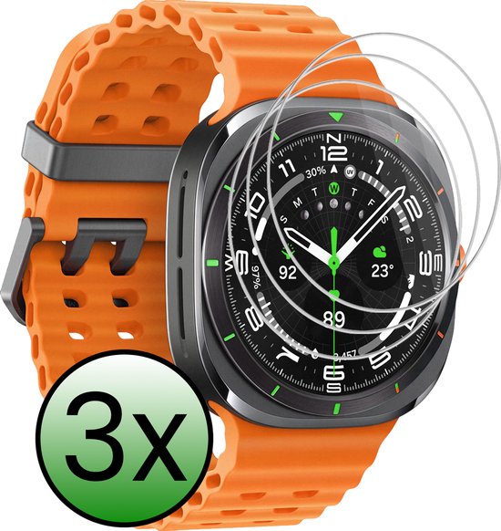 Set van 3 screenprotectors voor Samsung Galaxy Watch Ultra, met oranje band.