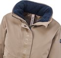 Veste beige pour femme avec col teddy bleu marine, fermeture éclair et texte #SEEYOUNPK.