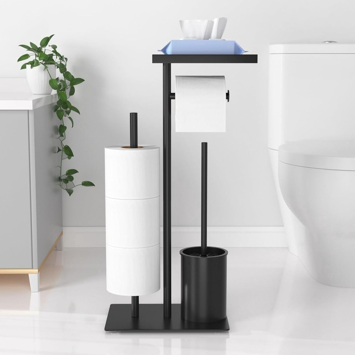 QPFO® Roestvrijstalen Toiletpapierhouder Staand met Toiletborstel en Doekjesbox – WC Rolhouder Set – Zilver