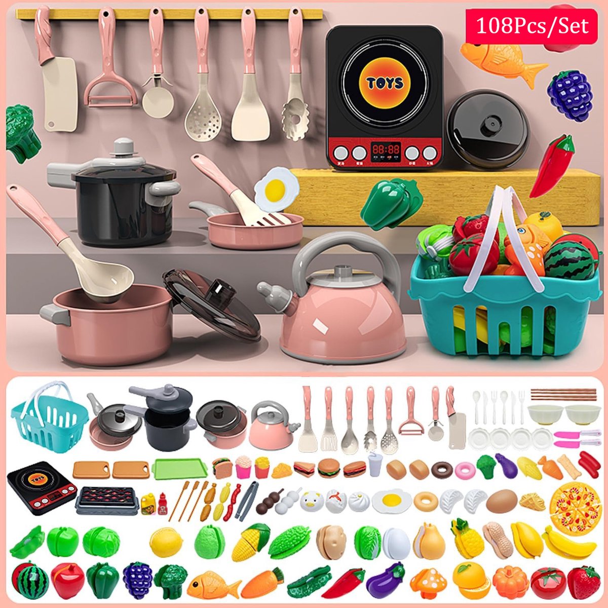 Image of 108-delige set voor fantasiespel, keukenspeelgoed, set van 108, opbergmand, snelkookpan, pan, fantasiespel, fantasiespel, kinderen, verjaardag, cadeau voor de kleuterschool (roze)