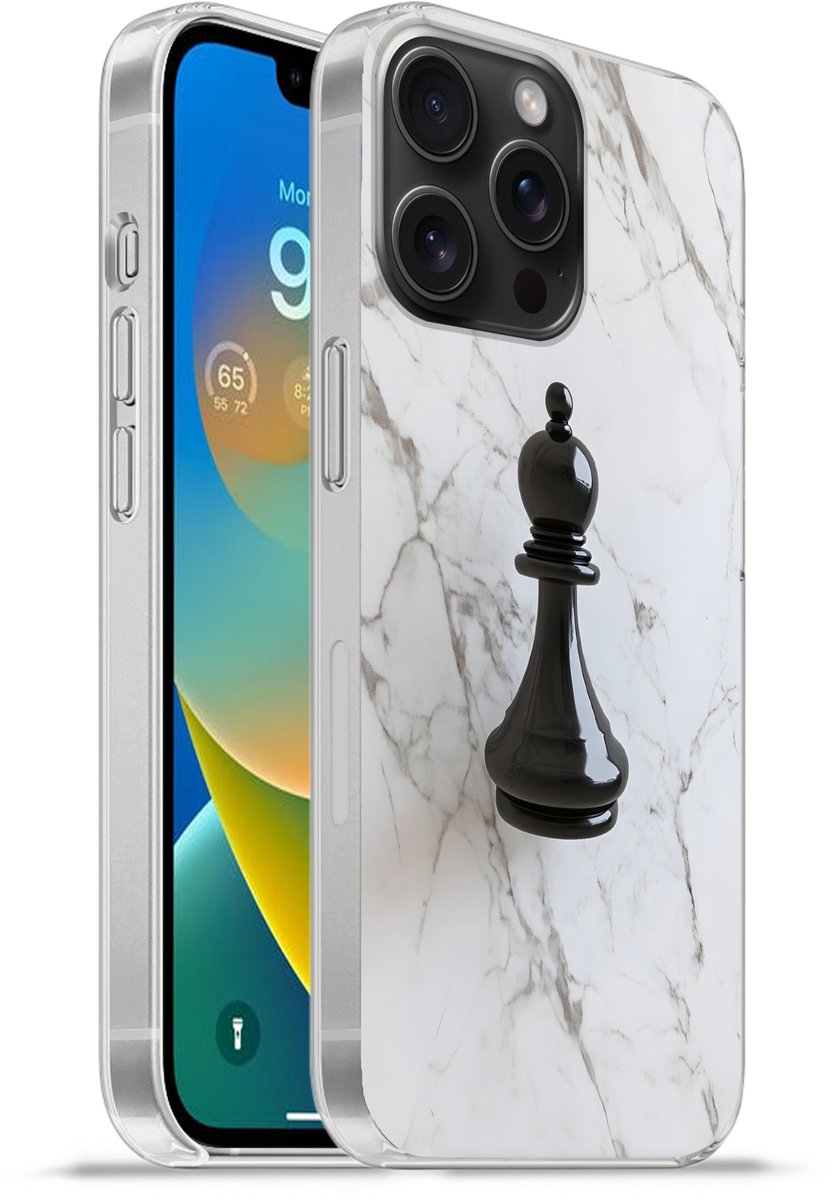 Telefoonhoesje Geschikt voor iPhone 15 Pro Max hoesje - Schaakstuk - Loper - Zwart - Marmer print - Siliconen Telefoonhoesje Telefoonhoesje