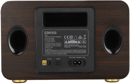 Achterkant van de Edifier D32 luidspreker met aansluitingen, waaronder AUX IN, USB IN, en CE-markeringen.