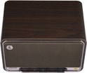 Bovenaanzicht van de Edifier D32 speaker, met donkerhouten afwerking en de bedieningsknoppen aan de voorkant.