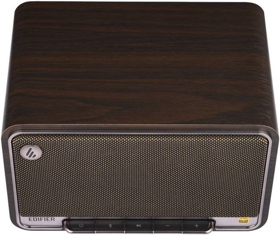 Bovenaanzicht van de Edifier D32 speaker, met donkerhouten afwerking en de bedieningsknoppen aan de voorkant.